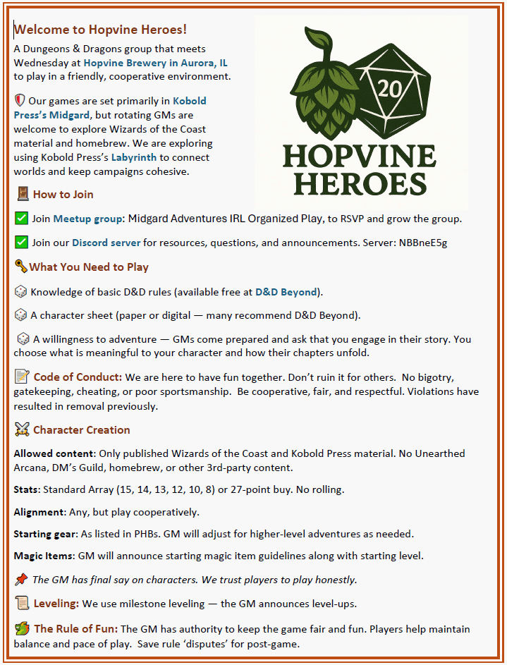 Welcome to Hopvine Heroes! 

A Dungeons & Dragons group that meets  Wednesday at Hopvine Brewery in Aurora, IL to play in a friendly, cooperative environment.  

Our games are set primarily in Kobold  Press’s Midgard, but rotating GMs are  welcome to explore Wizards of the Coast  material and homebrew. We are exploring  using Kobold Press’s Labyrinth to connect  worlds and keep campaigns cohesive. 
 
How to Join 

Join Meetup group: Midgard Adventures IRL Organized Play, to RSVP and grow the group.  

Join our Discord server for resources, questions, and announcements. 
Server: NBBneE5g 

What You Need to Play 

Knowledge of basic D&D rules (available free at D&D Beyond).  

A character sheet (paper or digital — many recommend D&D Beyond).  

A willingness to adventure — GMs come prepared and ask that you engage in their story. You  choose what is meaningful to your character and how their chapters unfold. 

Code of Conduct: We are here to have fun together. Don’t ruin it for others. No bigotry,  gatekeeping, cheating, or poor sportsmanship. 

Be cooperative, fair, and respectful. 
Violations have resulted in removal previously. 

Character Creation 

Allowed content: Only published Wizards of the Coast and Kobold Press material. No Unearthed  Arcana, DM’s Guild, homebrew, or other 3rd-party content.  

Stats: Standard Array (15, 14, 13, 12, 10, 8) or 27-point buy. No rolling.  

Alignment: Any, but play cooperatively.  

Starting gear: 
As listed in PHBs. GM will adjust for higher-level adventures as needed. 

Magic Items: 
GM will announce starting magic item guidelines along with starting level. 
The GM has final say on characters. We trust players to play honestly. 

Leveling: We use milestone leveling — the GM announces level-ups.

The Rule of Fun: The GM has authority to keep the game fair and fun. Players help maintain  balance and pace of play. Save rule ‘disputes’ for post-game. 